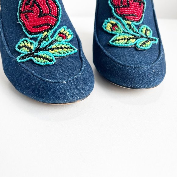 Anna Sui x INC | Denim Beaded Floral Rose Heeled Mules | 7.5 - Picture 5 of 8